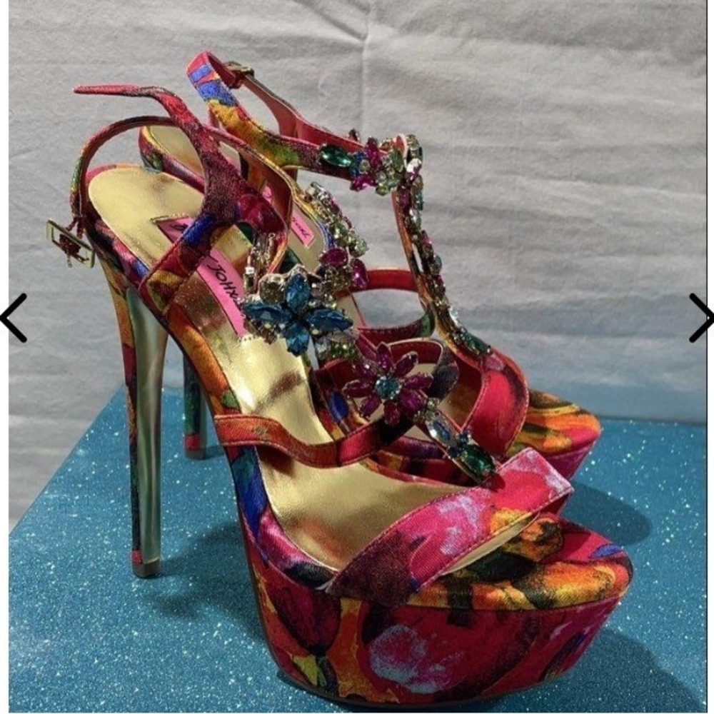 Betsey Johnson Blue Noble Floral Rhinestone Platform Sandals Multi Color 7.5M